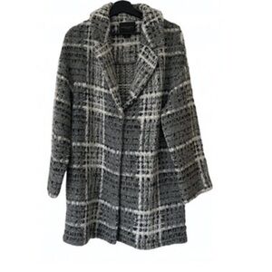 CHRISTIAN‎ SIRIANO Grey Black & White Wool Blend Plaid Tweed Notch Lapel Coat SM